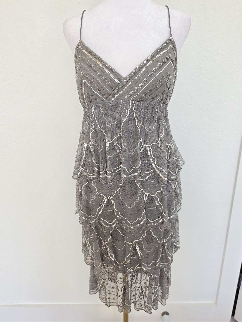 Sue Wong Nocturne Silk Beaded Sequin Flapper Midi Dress Size 8 Art Deco Y2K